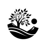 Stylized black and white of a blossoming tree nestled between rolling hills, with a sun or moon above, evoking nature. vector