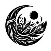 Elegant Black and White Crescent Moon Incorporating Floral and Feather Elements with a Celestial Orb and Dots for a Symbolic and Artistic Composition on a White Background. vector