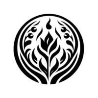 A minimalist circular featuring a stylized black floral motif, comprising leaves, petals, and budlike elements within a frame, set against a clean white backdrop, evoking natural beauty and si vector