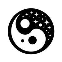 Celestial YinYang A stylized monochrome emblem featuring a YinYang symbol infused with a night sky theme, stars embellishing the dark portion, rendered in bold black and white. vector