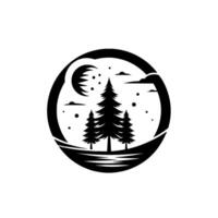 Circular minimalist monochrome illustration featuring silhouetted pine trees, crescent moon, and stars, evokes a calm forest landscape under a night sky, all encased within a dark circular frame. vector