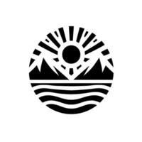 A circular, minimalist monochrome illustration depicting a sun radiating over a mountain range reflected in wavy water, representing peace. vector