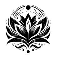 Elegant Black and White Geometric Lotus Flower with Circular Decorative Elements, Abstract Floral Art. vector