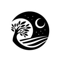 A stylized, minimalist black and white illustration depicts a tranquil night scene with a crescent moon, stars, and a silhouetted tree over a field, all within a circular frame. vector