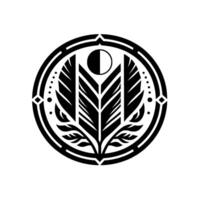 Intricate Circular Emblem Featuring Stylized Wings, Leafy Branches, and a Crescent Moon Element, Black and White, Minimalist Design. vector