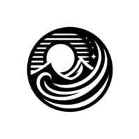 A minimalist monochrome circular emblem depicting mountains, ocean waves, a moonlike sun, and stars within a stylized frame, evoking a sense of nature. vector