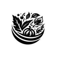 A minimalist black and white illustration of a harvestthemed emblem, featuring a pumpkin, leaves, berries, and a curved base, all against a white backdrop. vector