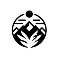 A minimalist, geometric emblem featuring a black and white silhouette of mountains, a sun, and stylized foliage contained within a circle, suggesting nature and serenity. vector