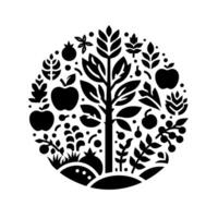 A stylized black and white illustration of a circular orchard teeming with various fruits, foliage, and botanical elements, suggesting abundance. vector