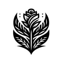 Intricate Black White Rose Illustration A symmetrical of a stylized rose with layered petals, elegant leaves, and crescentshaped accents, set against a clean white background. vector