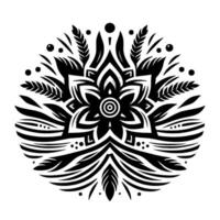 A symmetrical, black and white floral mandala design, featuring layered petal formations, wheatlike elements, and dot accents in a circular composition. vector