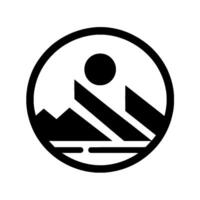 A minimalist emblem featuring a stylized mountain range and sun encapsulated within a bold, black circular frame on a white background, evoking a sense of nature and simplicity. vector