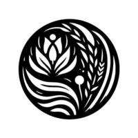 Intricate black and white circular with stylized botanical elements, featuring a central flower, wheat, and flowing lines, evoking nature and harmony. vector
