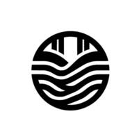 Monochromatic Circular Graphic Abstract depiction of waves, bridgelike structures, and a serene, flowing within a black and white minimalist composition. vector