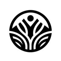 Abstract Black and White Logo A Humanoid Figure Surrounded by Stylized Leaves and Enclosed in a Circular Frame, Representing Growth and Harmony. vector