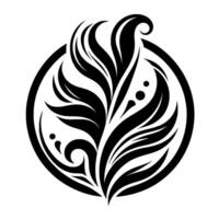 Elegant Black and White Floral Emblem Enclosed in a Circle, Featuring Stylized Leaves, Vines, and Spirals with a Minimalist Aesthetic vector