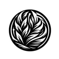 Intricate black and white circular featuring stylized leaflike elements, encased within a dark border, set against a pristine white backdrop. vector