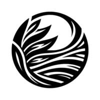 A stylized black and white circular design, featuring organic shapes resembling leaves and water, creating a harmonious and balanced composition. vector