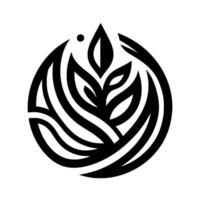 A stylized, monochrome depicting a plantlike form with layered, curved elements contained within a circular frame, suggesting growth and harmony. vector