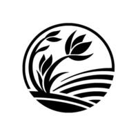 Black and white circular featuring stylized floral elements, leaves, and a suggestion of a landscape or field. vector