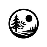 Stylized YinYang Circle Featuring a Coniferous Tree, Deciduous Tree, Forest Silhouette, and a Moon on a White Background. vector