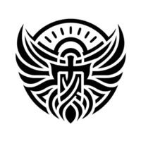 A stylized, symmetrical black and white emblem, featuring a central cross integrated with intricate Celtic knotwork and stylized wings within a circular frame evoking the sun. vector