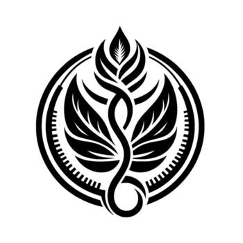 Intricate black and white minimalist botanical emblem featuring a stylized, sinuous plant within a circular frame with linear details, conveying a sense of balance. vector