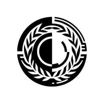 A symmetrical, highcontrast emblem featuring laurel branches and geometric shapes, bisected by a stark black and white division. vector