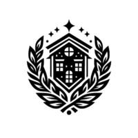 Elegant black and white minimalist house inside a laurel wreath with star accents, showcasing home and nature harmony. vector