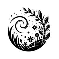 Intricate Black and White Circular Composition Stylized Floral and Botanical Elements, Including a Spiral, Plants, Flowers, and Leaves, Forming a Delicate Nature Scene. vector