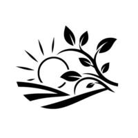 Black and white minimalist illustration depicting a stylized sunrise over rolling hills, adorned with a flourishing plant, symbolizing growth and nature. vector