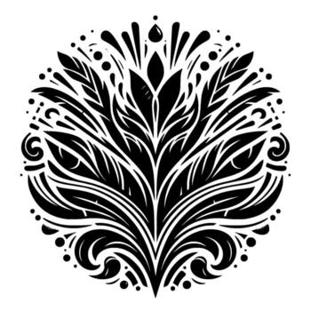 A symmetrical, monochromatic floral mandala with intricate leaf and petal patterns, enhanced by dots and droplet details on a bright background. vector