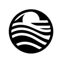 Monochrome circular emblem featuring a stylized sunmoon above layered horizontal lines representing water, creating a serene and minimalist design. vector