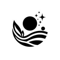 A minimalist black and white featuring a stylized crescent moon, leaves, and starry sparkles, representing natures beauty. vector