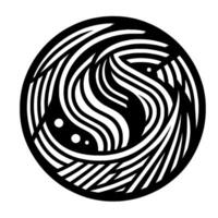 A dynamic black and white abstract composition featuring a circular frame with swirling, layered bands and curved lines, and a few white dots, evoking motion and visual depth. vector
