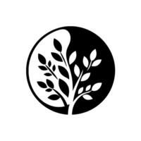 YinYang symbol featuring a stylized tree composed of white leaves and branches against a black background, within a contrasting circular frame. vector