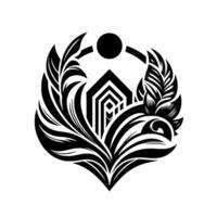 Elegant Black and White Geometric Illustration A stylized home within an ornate florallike composition. A circle and ring sits above the house and the composition is symmetrical. vector