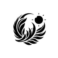 Abstract Black Feathered Circle with a stylized Black Sun on White Background, Evoking Balance and Nature. vector