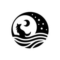 A stylized black silhouette of a lone wolf howling at the crescent moon and stars, set within a circle above rippling water. vector