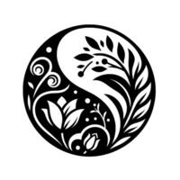 A symmetrical yinyang symbol reimagined with stylized floral elements, depicting balance and harmony in a minimalist black and white illustration. vector