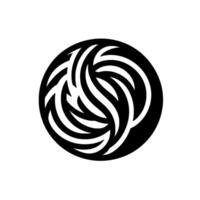 An abstract, swirling black and white featuring curved, wavelike shapes contained within a circular frame, suggestive of motion and energy. vector