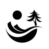 Stylized black and white minimalist depicting mountains, sun, and a pine tree within a curved landscape, conveying a sense of serenity. vector