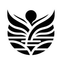 Bold Black and White Emblem A stylized, symmetrical featuring a central plantlike form, encircled by layered, sweeping shapes, suggesting growth and harmony. vector