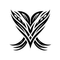 A symmetrical tribal tattoo design, featuring a stylized heartlike structure with sharp leaflike elements and intricate line work in a blackandwhite composition. vector