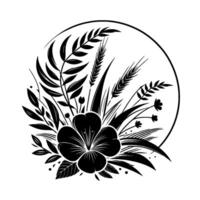 Elegant monochrome floral composition within a circle frame, showcasing a stylized flower, wheat, and leaves, creating a balanced, minimalist design. vector