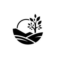 A stylized black and white emblem of a tree growing on rolling hills with a curved element representing sun or sky. vector