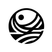 Abstract Black and White Circular Design A stylized depiction of a sun or moon rising over waves or stylized landscape elements. vector