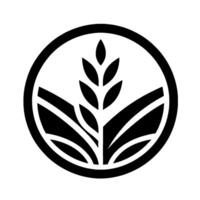 A minimalist black and white emblem featuring a stylized ear of wheat rising from abstract leaves enclosed in a circular frame, suggesting growth and agricultural themes. vector