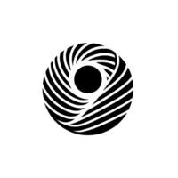 Abstract black and white circular logo, featuring a spirallike with radiating lines surrounding a central solid dot, creating depth and movement. vector
