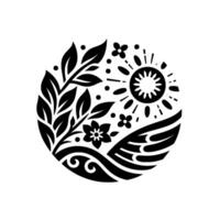 Monochromatic floral and sun within a circle. Featuring leaves, flowers, sunburst, and decorative winglike elements, all in bold black against a white background. vector